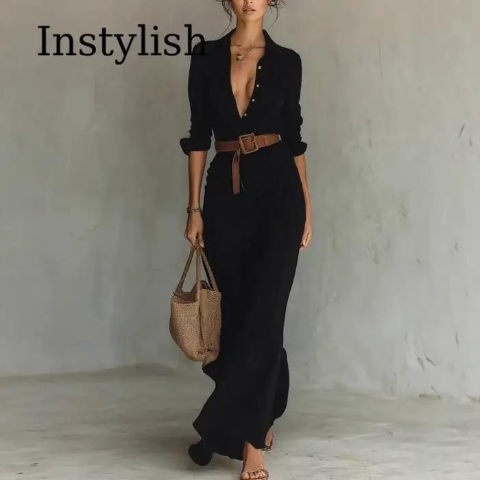 Robe longue kaki pour femme à col revers et manches longues