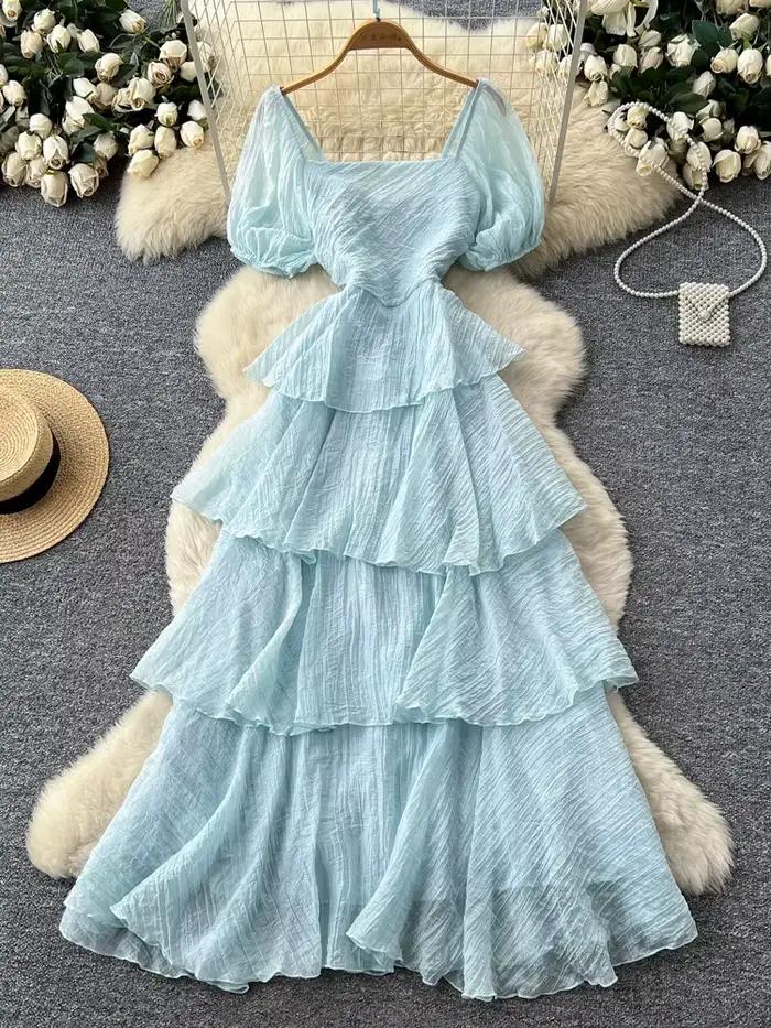Robe longue d'été pour femme à col carré et manches bouffantes