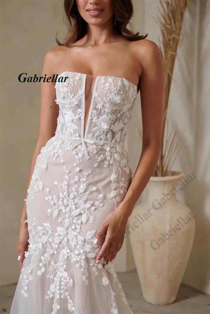 Gabriellar élégant sirène robes De mariée sans bretelles dentelle Appliques Tulle plissé balayage Train Brautkleid