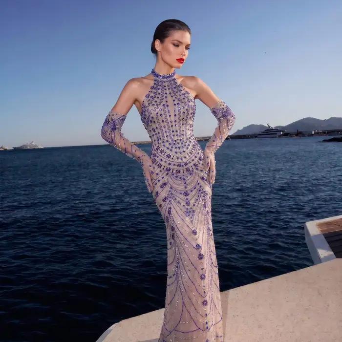 Robe de soirée formelle Sharon Said Halter pour femme avec gants