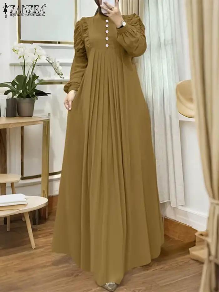 ZANZEA musulman modeste Maxi Robes femmes élégant volants garniture à manches longues plissé Abaya