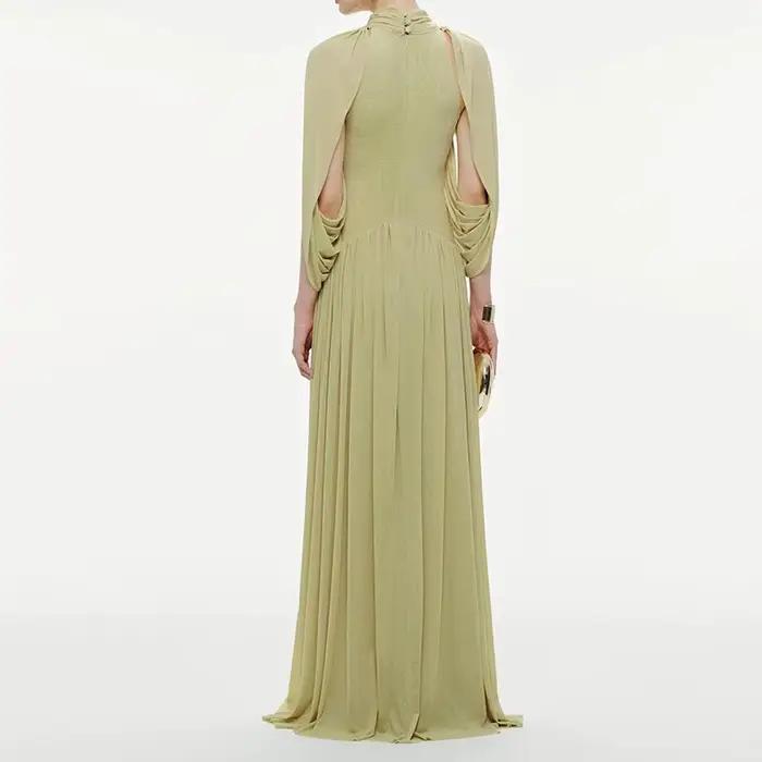 Robe longue plissée en mousseline chic pour femme élégante à manches volantées col rond printemps été occassions spéciales soirée晚会特殊场合女士长裙褶皱雪纺优雅无袖圆领春夏季节