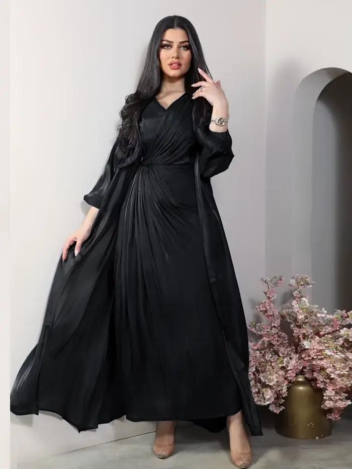 Robe de soirée marocaine femmes Abaya 2 pièces ensemble Satin soyeux dubaï robes musulmanes Eid Caftan
