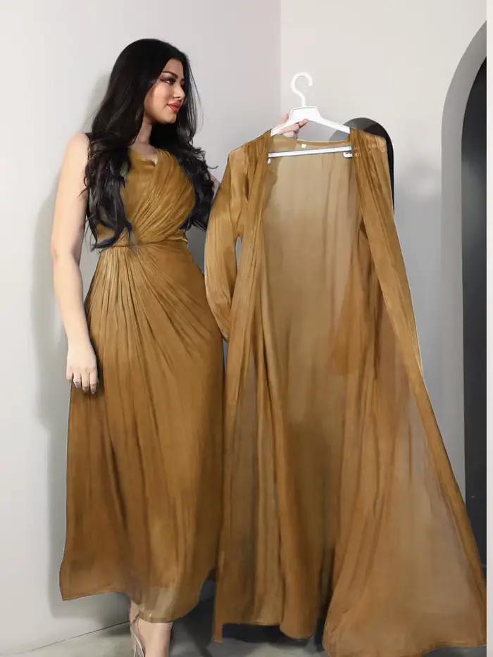 Robe de soirée marocaine femmes Abaya 2 pièces ensemble Satin soyeux dubaï robes musulmanes Eid Caftan