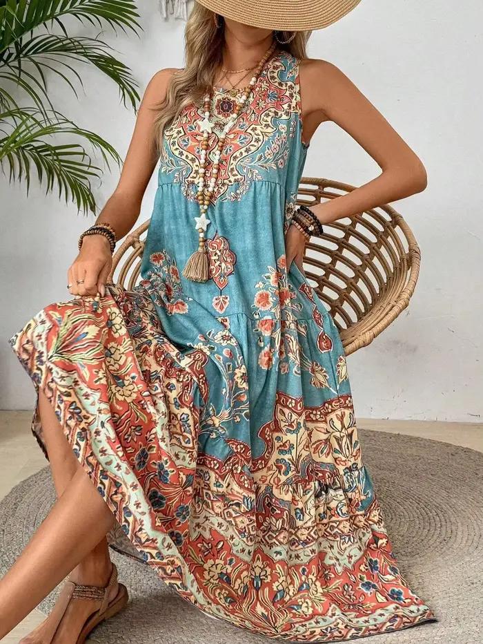 Holidaya dames été imprimé fleuri col rond robe sans manches pour décontracté ou vacances Maxi