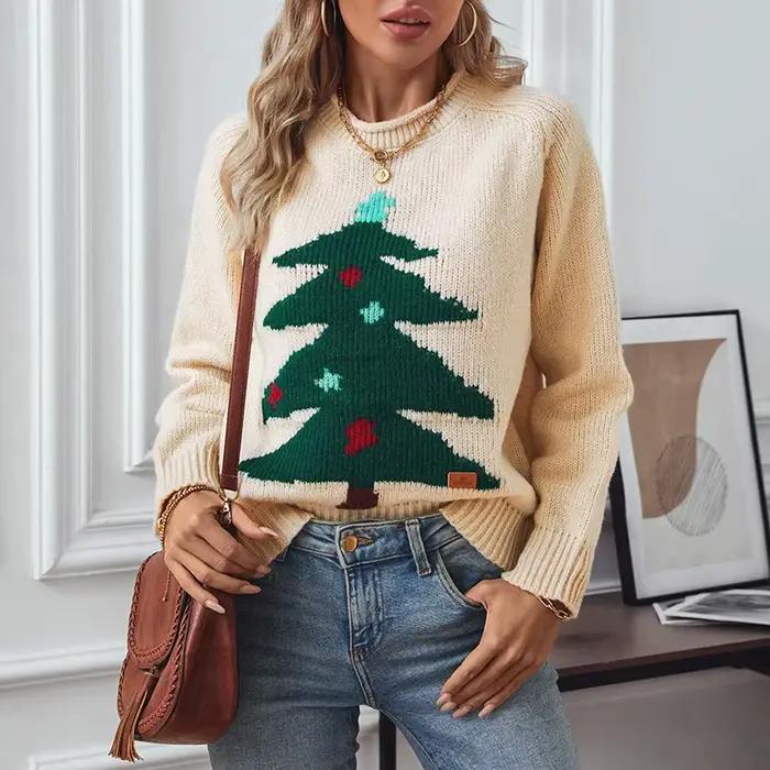 Pull de Noël arbre de Noël col rond ample pour femmes avec style streetwear pour les occasions de fête automne hiver