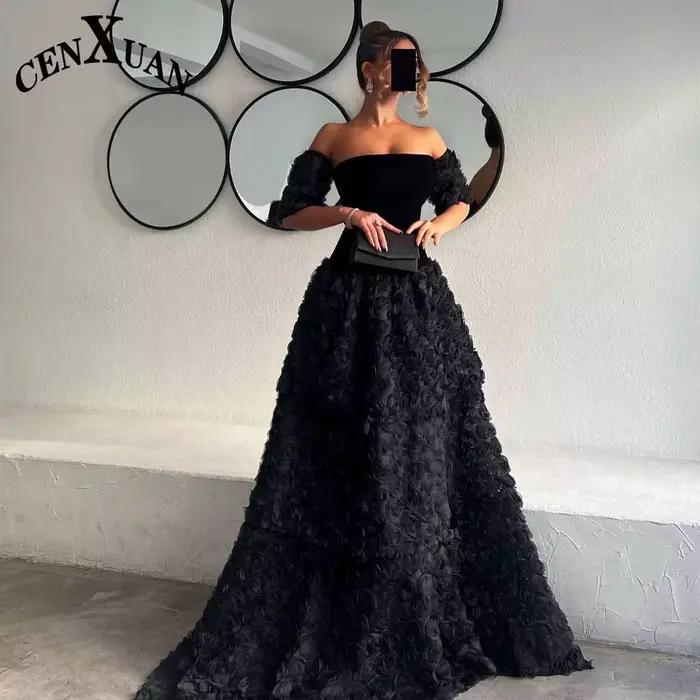 CENXUAN gracieuse robe De soirée trapèze avec fleur 3D hors De l'épaule balayage Train