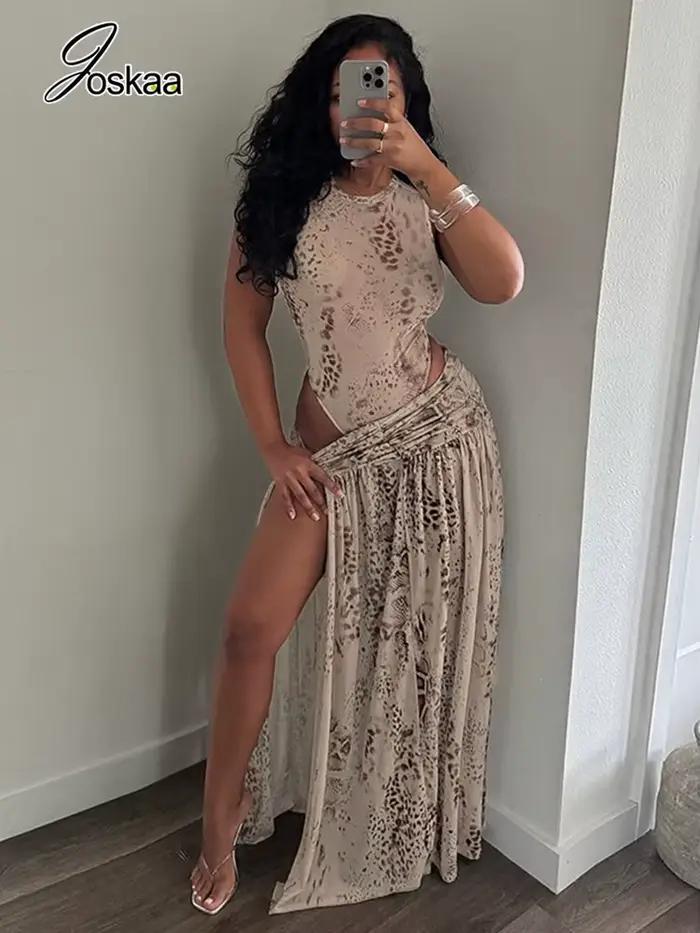 Ensemble 2 pièces imprimé Joskaa pour femme : Bodys sexy sans manches à col rond + Jupe longue fendue froncée