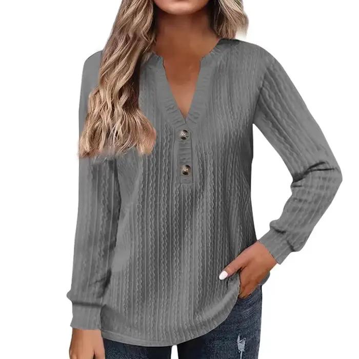 Chemise à manches longues en polyester brossé et froissé avec col en V pour femmes, confortable et élégante, pour printemps et été