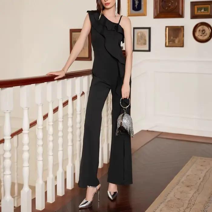 Combinaison Chic asymétrique épaule dénudée à volants pour femmes