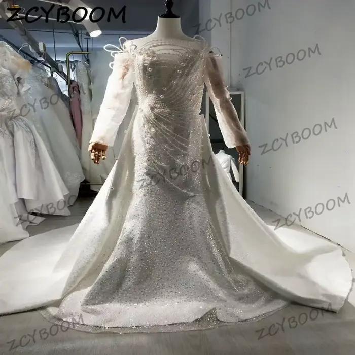 Robes de mariée sirène luxueuses perlées 2026 avec traîne détachable en tulle brodé pour femmes européennes et africaines