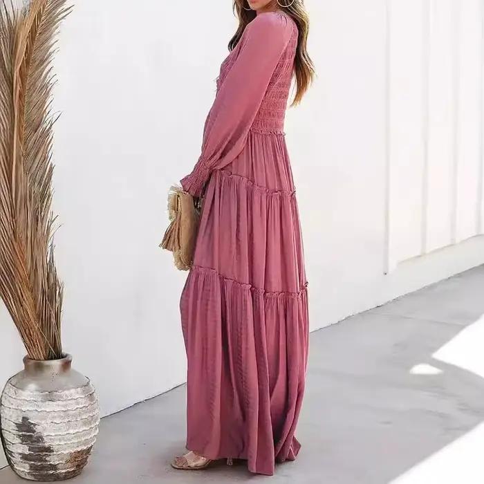 Robe longue femme vintage col en V manches longues ample Y2K taille haute froncée décontractée été 2026 élégante légèrement extensible