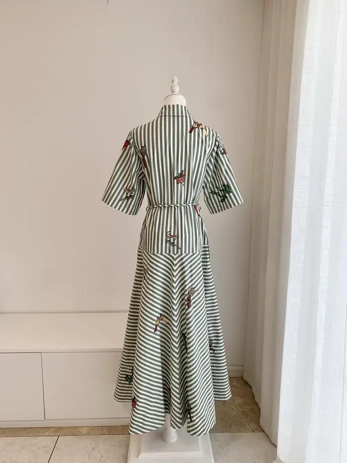 Robe longue pour femmes, 100% coton, imprimé rayé, motif brodé, col rabattu
