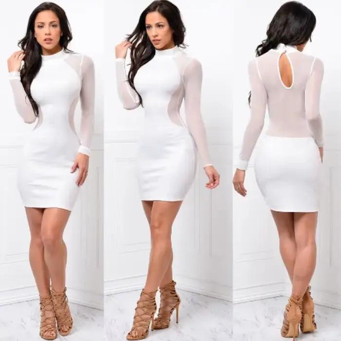Robes d'été nouvelles femmes été décontracté à manches longues col rond robe dos nu Sexy dentelle voir si Mini