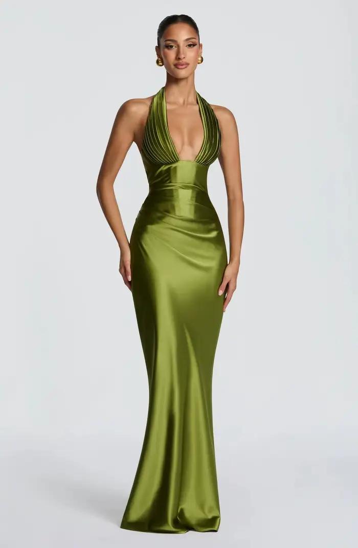 Robe de soirée formelle en satin vert olive pour femme