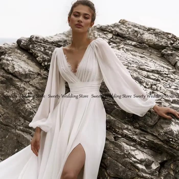 Jiayigong plage robe de mariée pour les femmes personnalisé à manches longues col en V dentelle haute fente Sexy robes