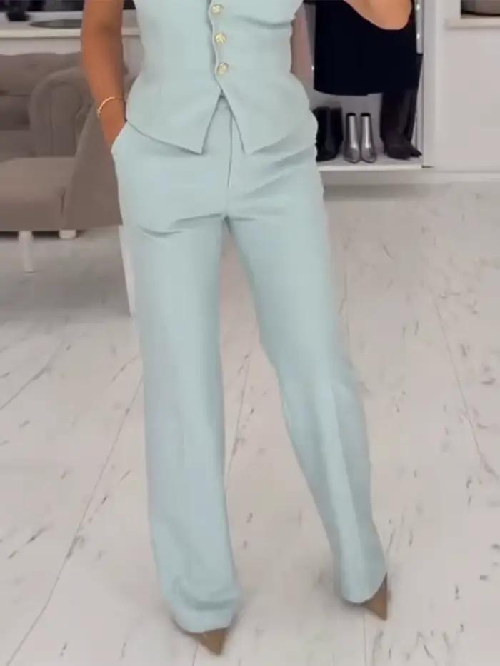 Ensemble chic pour femme : haut cintré à revers ajouré à manches courtes et pantalon large