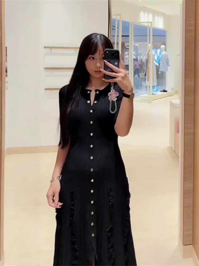 Robe Courte Tricotée Unie à Volants pour Femme