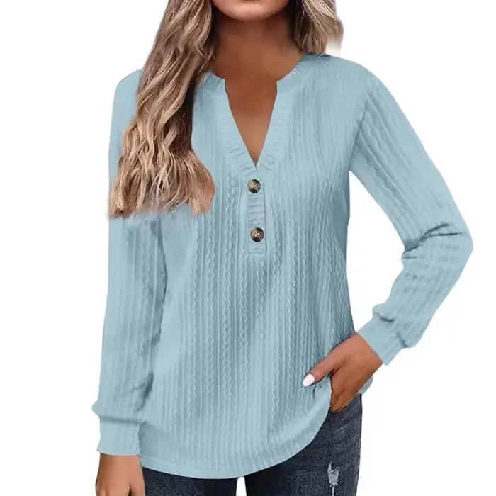 Chemise à manches longues en polyester brossé et froissé avec col en V pour femmes, confortable et élégante, pour printemps et été