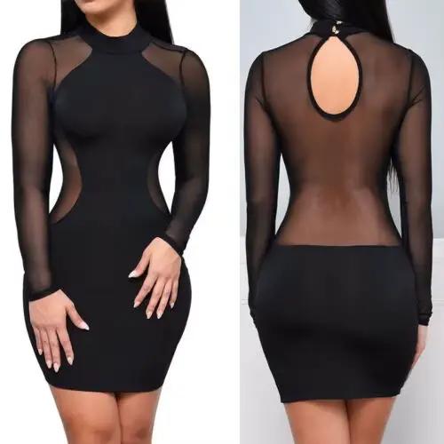 Robes d'été nouvelles femmes été décontracté à manches longues col rond robe dos nu Sexy dentelle voir si Mini