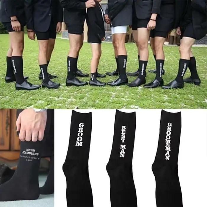 Chaussettes de mariage pour hommes, chaussettes de marié, chaussettes de témoin, chaussettes à lettres, en coton peigné, pour cérémonie de mariage, longues chaussettes de soirée