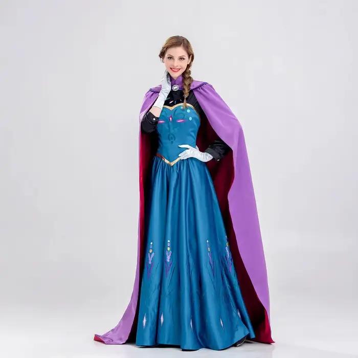 Frozen Anna Princess Long Dress with Clocak Adults Snow Queen Elsa Cosplay Costume Party Dresses for Women Halloween
