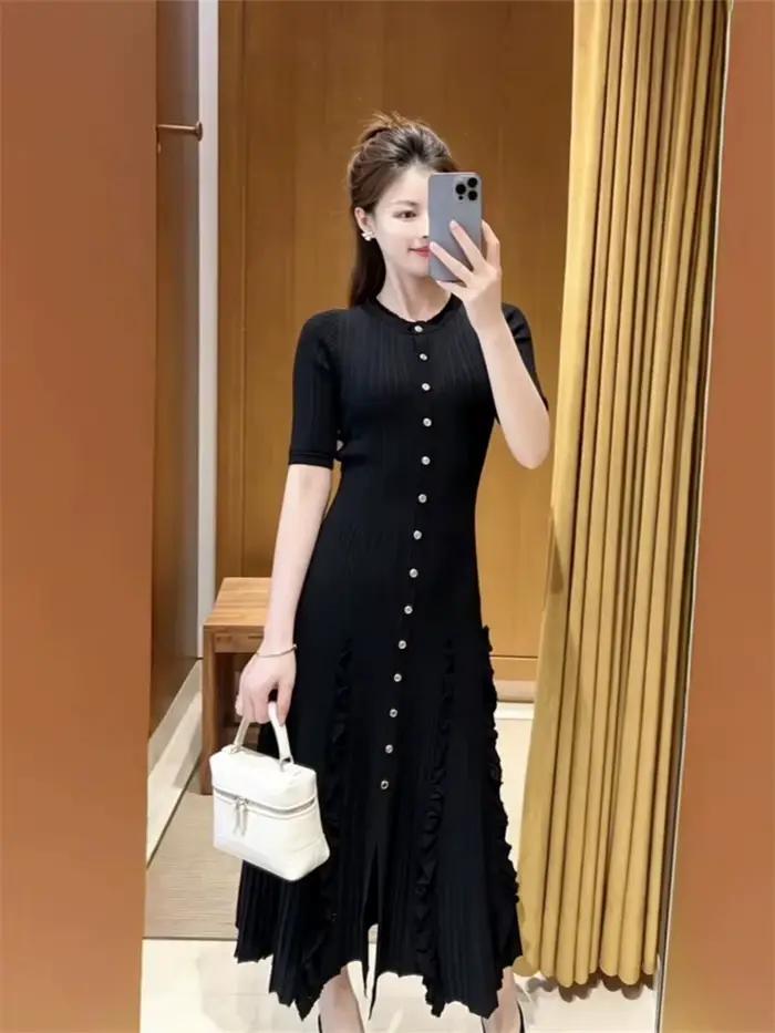Robe Courte Tricotée Unie à Volants pour Femme