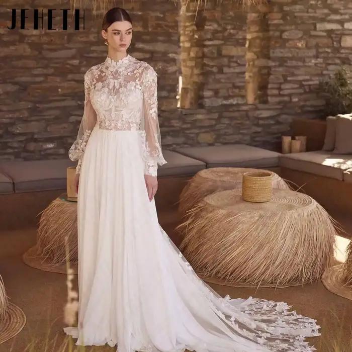 JEHETH Robe de Mariée Mousseline Coupe A Col Haut Illusion Manches Longues Lanterne Appliques Dentelle Florale 3D Intérieur Cœur Dos V Bas Traîne Cathédrale Shooting Villa Rustique Méditerranéenne Élé
