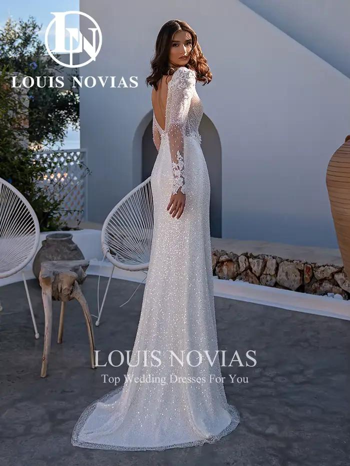 LOUIS NOVIAS robes De mariée sirène col en v Appliques scintillant paillettes semi-transparent robe