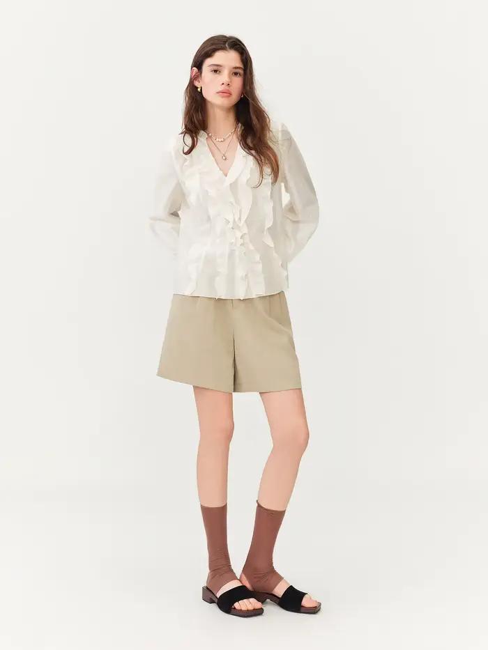 FSLE Nouvelle Collection Été 2026 – Blouse Femme Style Français Col V à Volants