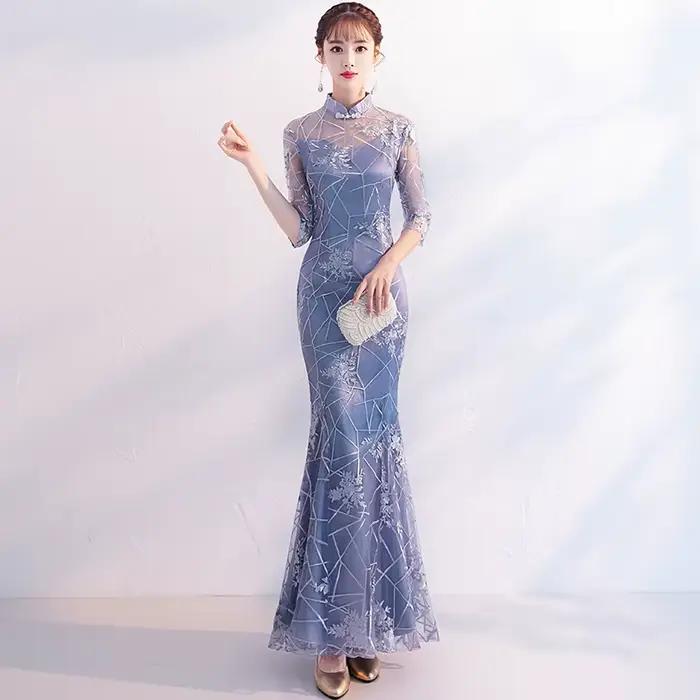 Robe sirène grise à col Mandarin pour femmes