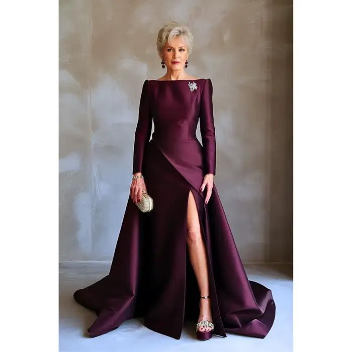Robe de soirée élégante personnalisée col bateau manches longues longueur au sol ligne a fente latérale bal cocktail mariage mère