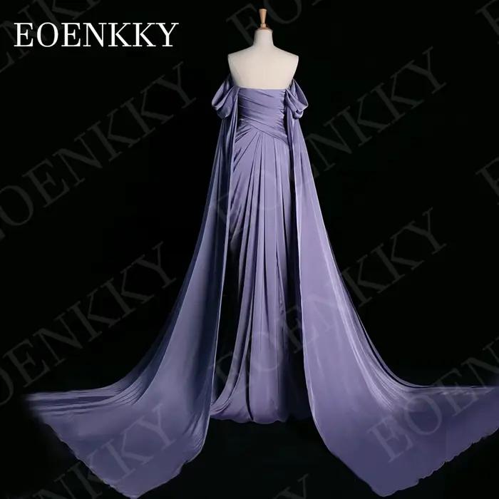 Robe de soirée EOENKKY épaules dénudées violette élégante coupe trapèze en satin plissé pour bal de promo avec manches
