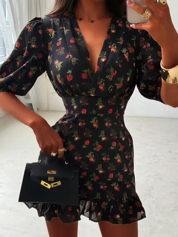 Robe d'été décontractée pour femme à taille haute, style bohème, mini-robe de plage à volants, imprimé floral vintage, robe de soirée à manches courtes