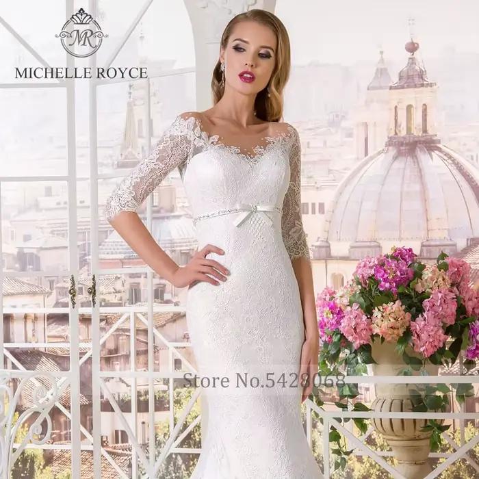 Michelle Royce robes De mariée sirène col en v Appliques Empire ceintures nœud bouton Court Train