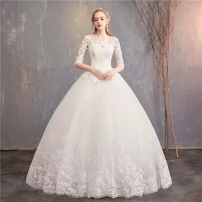 Robe de Mariée de Luxe en Dentelle Brodée à Demi-Manches
