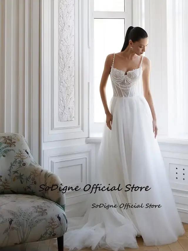 Robes de mariée SoDigne en tulle/ Dentelle coupe trapèze 2026 sans manches avec perles
