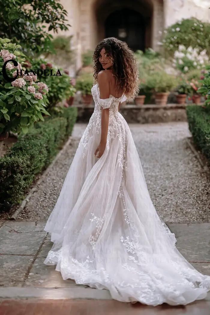 CHANDELA robe De mariée à la mode pour les femmes hors De l'épaule fermeture éclair dentelle Appliques brosse Train Vestido De Casamento personnalisé
