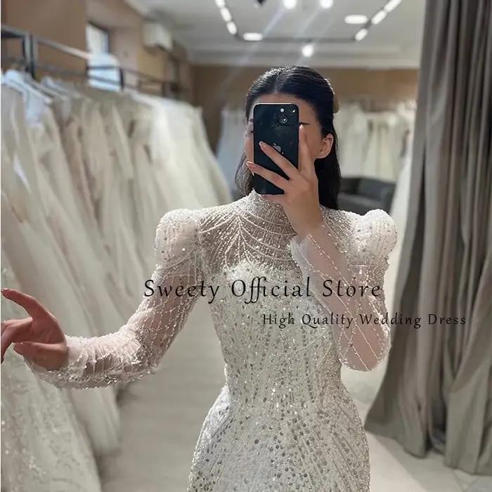Robe de mariée sirène en dentelle à col haut avec perles, silhouette trompette, illusion dos, pour femmes enceintes, mariage, cérémonie, occaisons spéciales ```