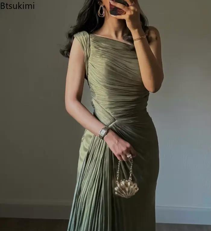 Robe de soirée plissée à corset olive green pour femme, élégante et polyvalente pour toutes les occasions sociales et quotidiennes