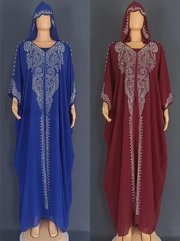 Eid Robe musulmane pour femmes à capuche Abaya 2 pièces ensemble diamant Jalabiya Maroc robes de soirée dubaï Abayas