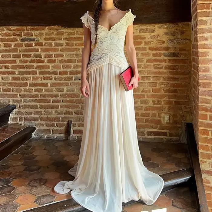 Robe de soirée élégante en dentelle col en V sans manches pour femmes occasions spéciales