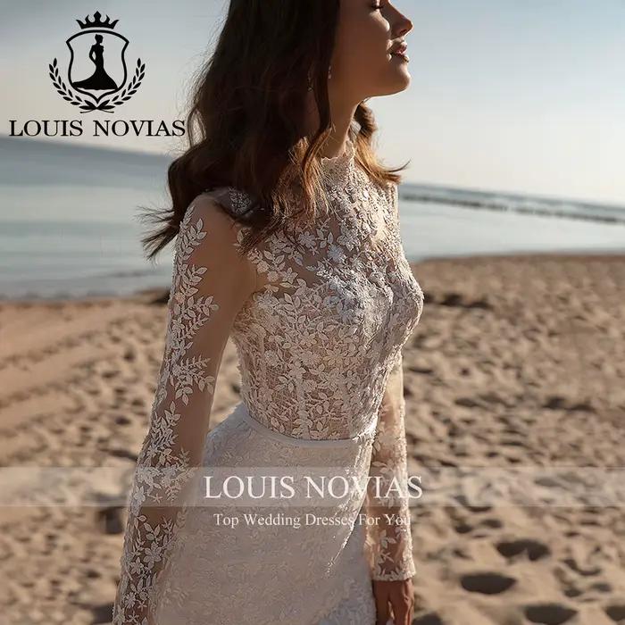 LOUIS NOVIAS robe De mariée sirène à manches longues licou Semi-Transparent paillettes broderie