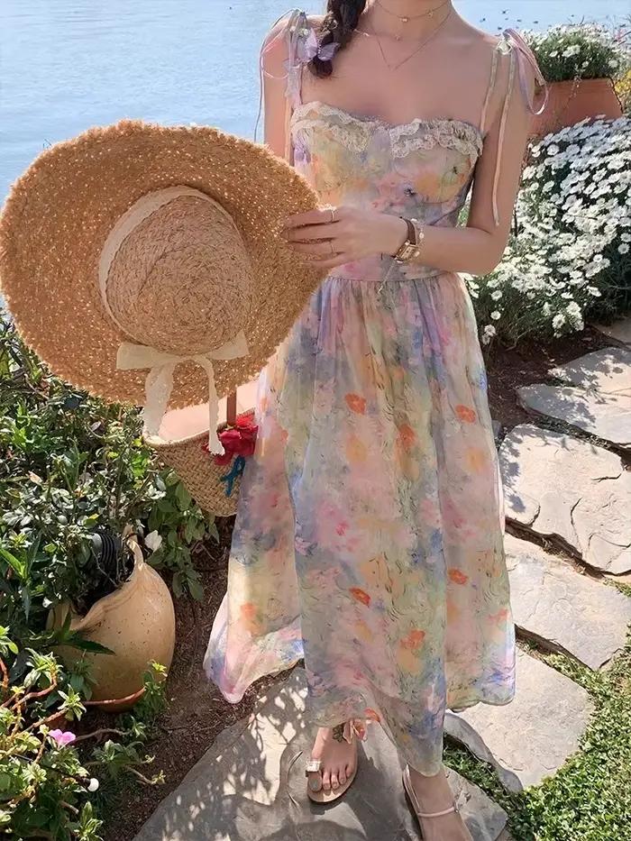 Français élégant robe à bretelles florales femmes doux Style de plage mode coréenne vêtements soirée Vintage