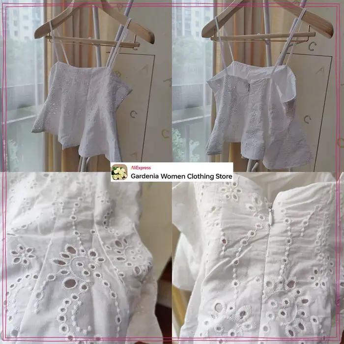 Femmes vacances d'été Co Ord tenues élégant blanc brodé 2 pièces ensemble haut court avec fines bretelles correspondant Cape jupe Midi