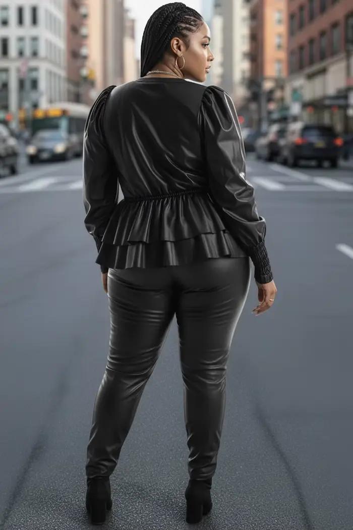 Chemisier en cuir PU noir décontracté avec manches à volants pour femmes élégantes occasions business casual semi-formel quotidiennes