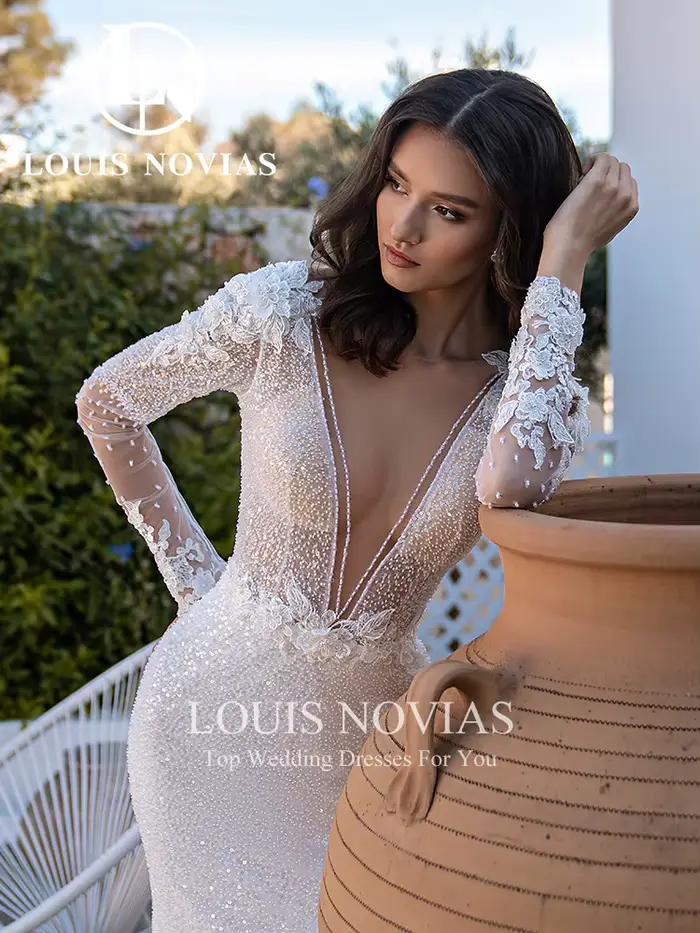 LOUIS NOVIAS robes De mariée sirène col en v Appliques scintillant paillettes semi-transparent robe