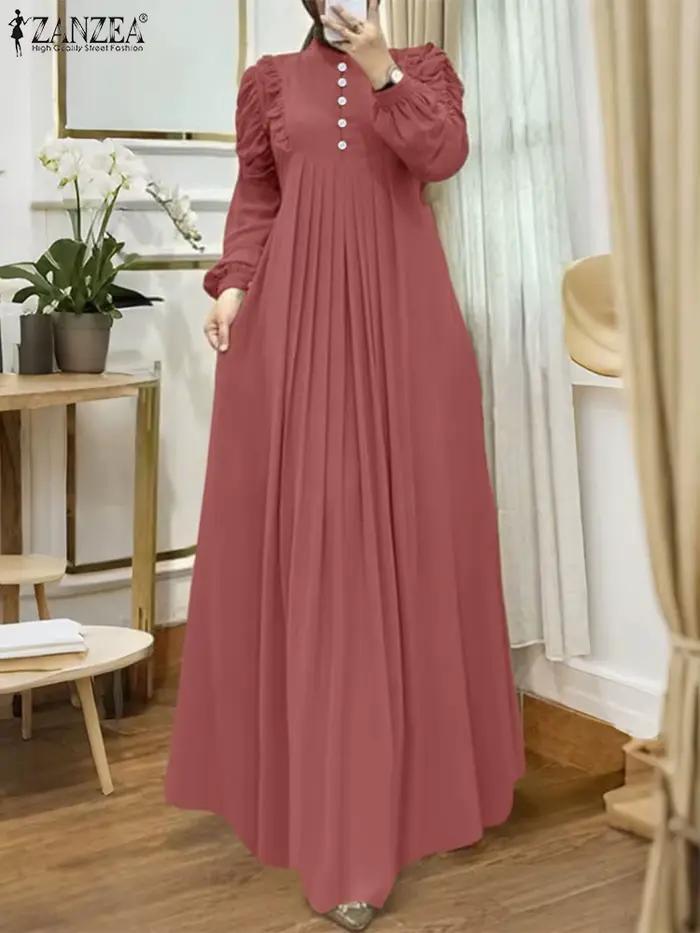 ZANZEA musulman modeste Maxi Robes femmes élégant volants garniture à manches longues plissé Abaya
