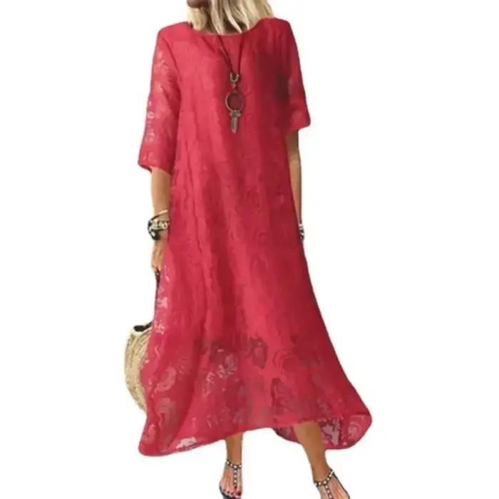 Femmes L-5XL grande taille été col rond manches courtes dentelle longue robe Vintage fait à la main creux fleur