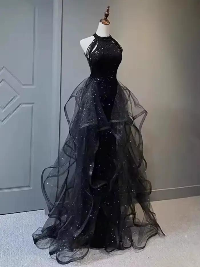 Robe de soirée bleu marine élégante avec train de balayage et décoration de fleurs pour femmes occasions spéciales